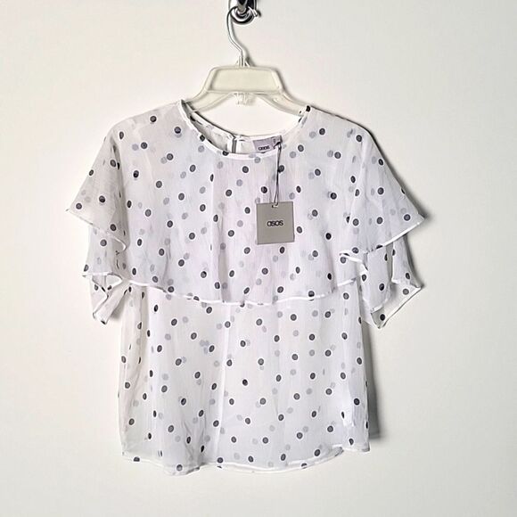 NWT Chiffon Ruffle Blouse Sz S Coquette Feminine Polka Dot Retro Sheer Modest - Picture 1 of 10